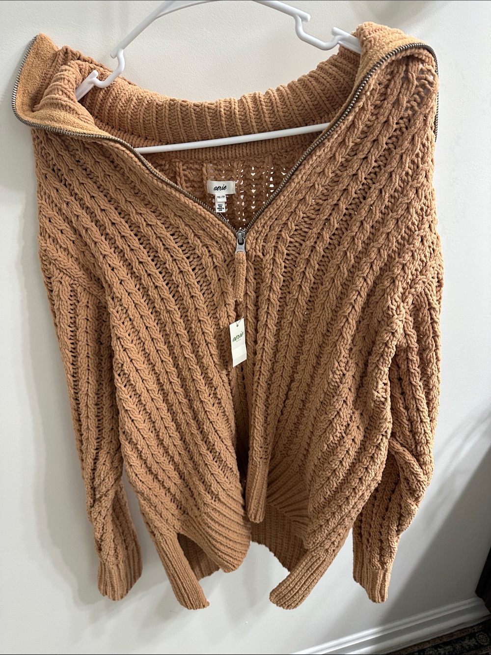 NWT Aerie Cable-Knit Quarter Zip - Camel Brown
